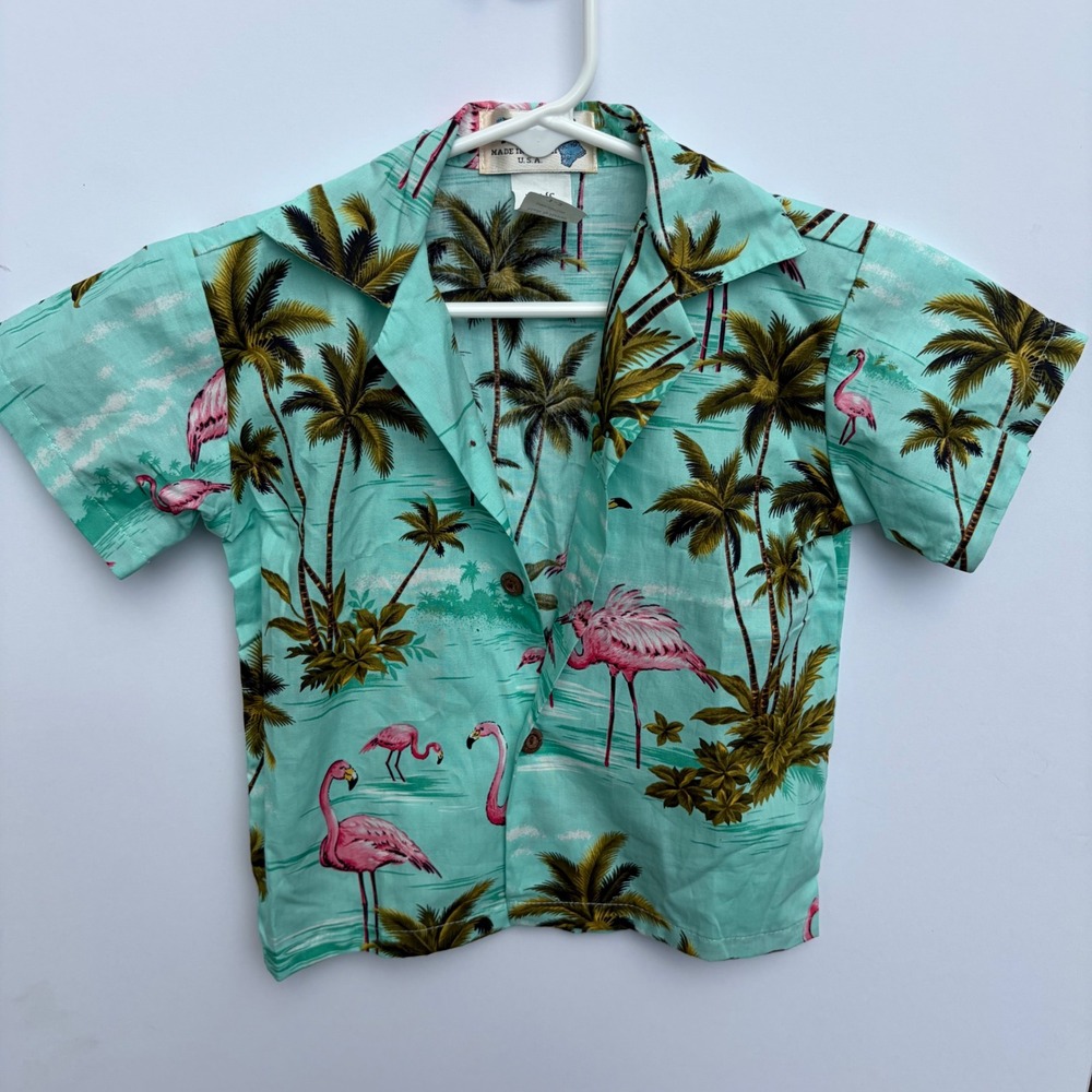 KY'S Kids Hawaiian Shirt Size 1-2 Flamingo Palm Tree Tropical Cotton Made in USA